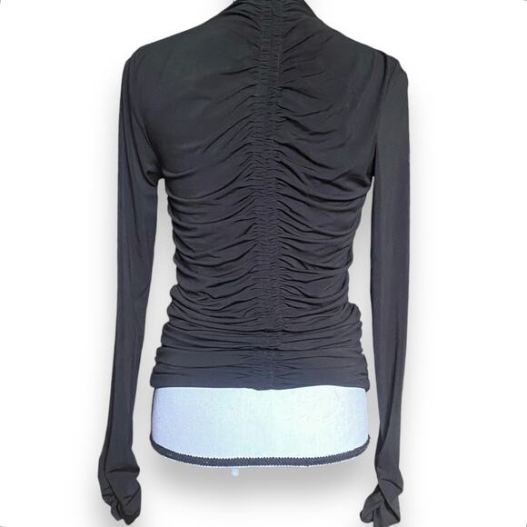 Rachel Parcell Ruched Soft Stretch Top Fits XS/S Black Long Sleeve High V Neck - Picture 2 of 11